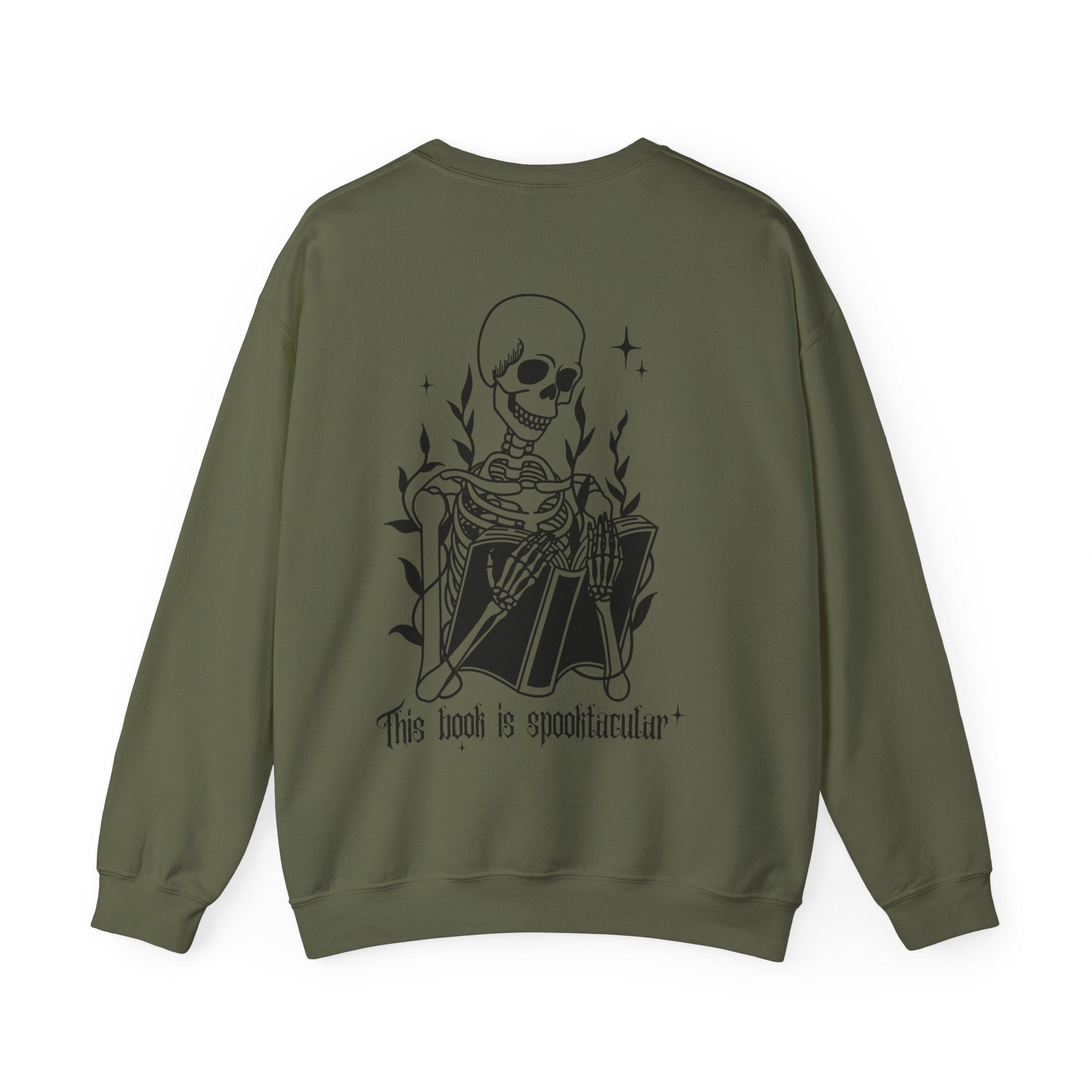 Bookish Crewneck Sweatshirt — "This book is spooktacular" Skeleton Reading Graphic