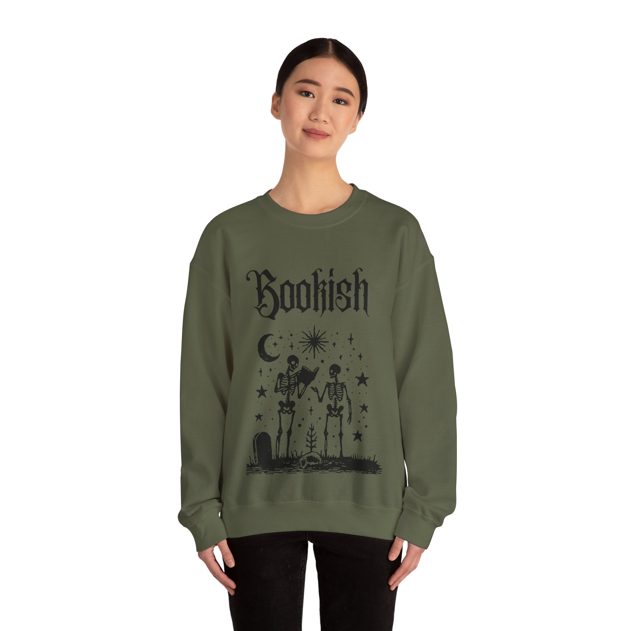 Bookish Crewneck Sweatshirt — "This book is spooktacular" Skeleton Reading Graphic